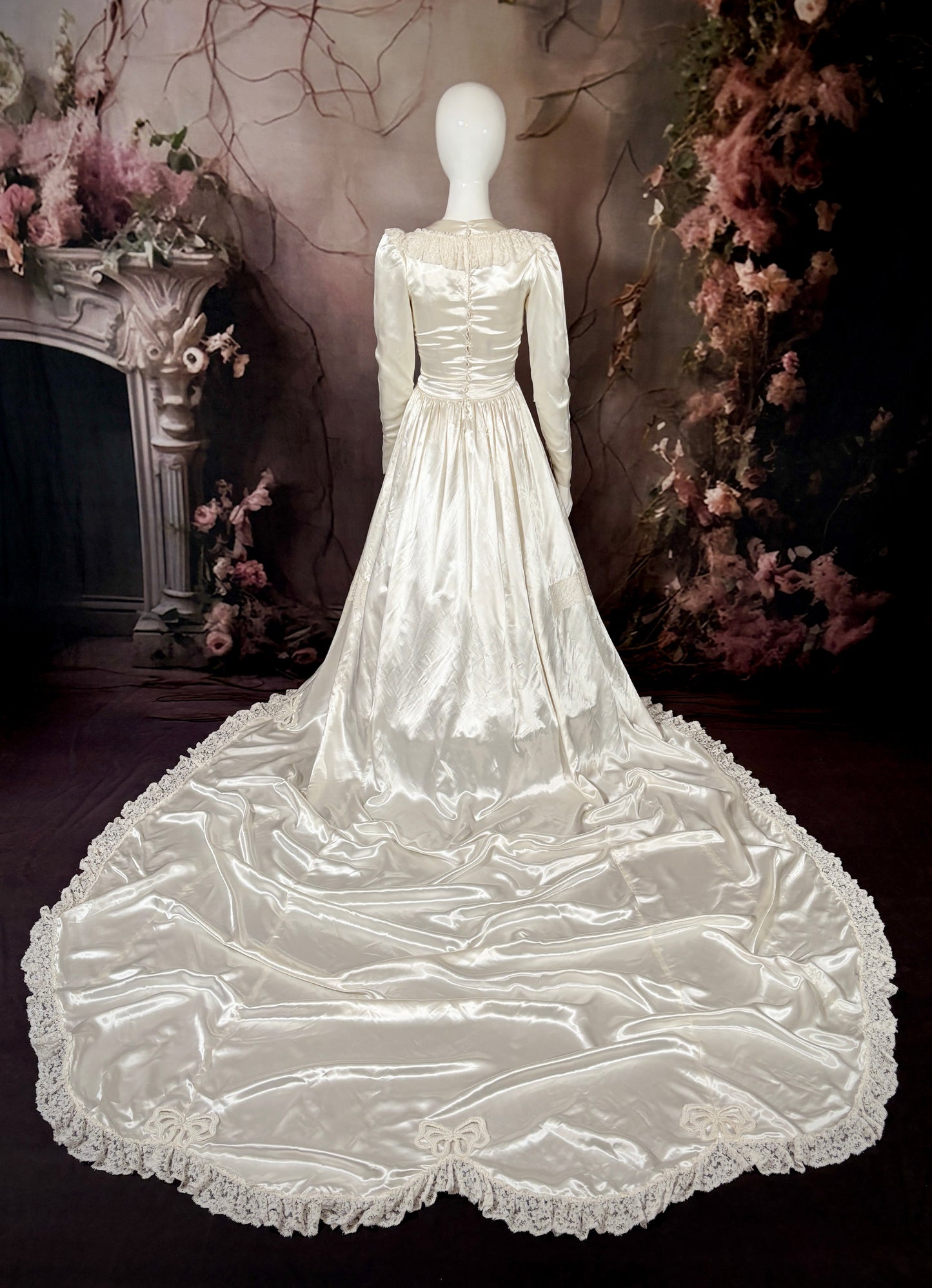 1950's Candlelight Satin Wedding Dress w/Ruffled Lace & Cathedral Train