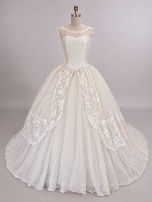 1950s Silk Organza Ballgown Wedding Dress w/Trailing Train