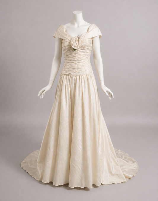 1950s Silk Wedding Gown w/Ruched Bodice & Trailing Train