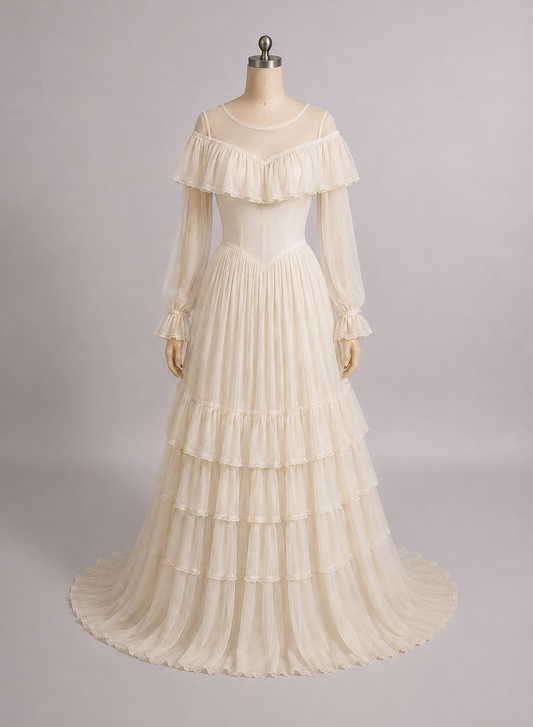 1950s Chiffon Georgette Wedding Gown w/Tiered Skirt & Trailing Train