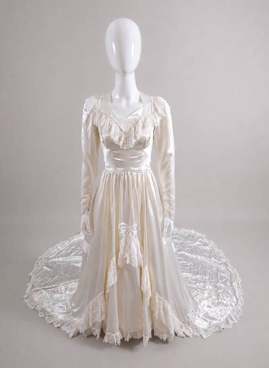 1950s Candlelight Satin Wedding Gown w/ Silk Ruffled Lace & Cathedral Train