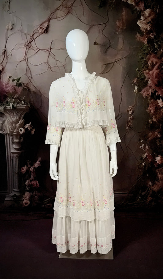 1900s Batiste Cotton Lingerie Dress w/Silk Embroidered Roses & Blouse Overlay