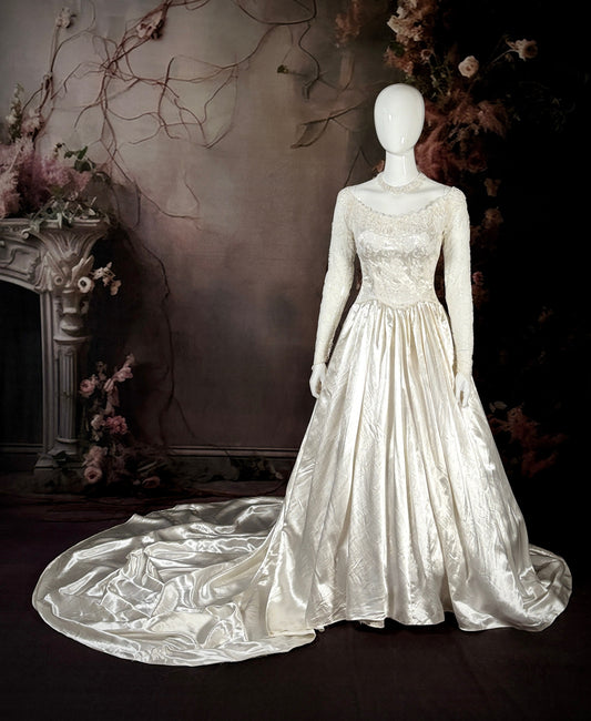 1940s Liquid Satin & Silk Lace Wedding Dress w/Chapel Train