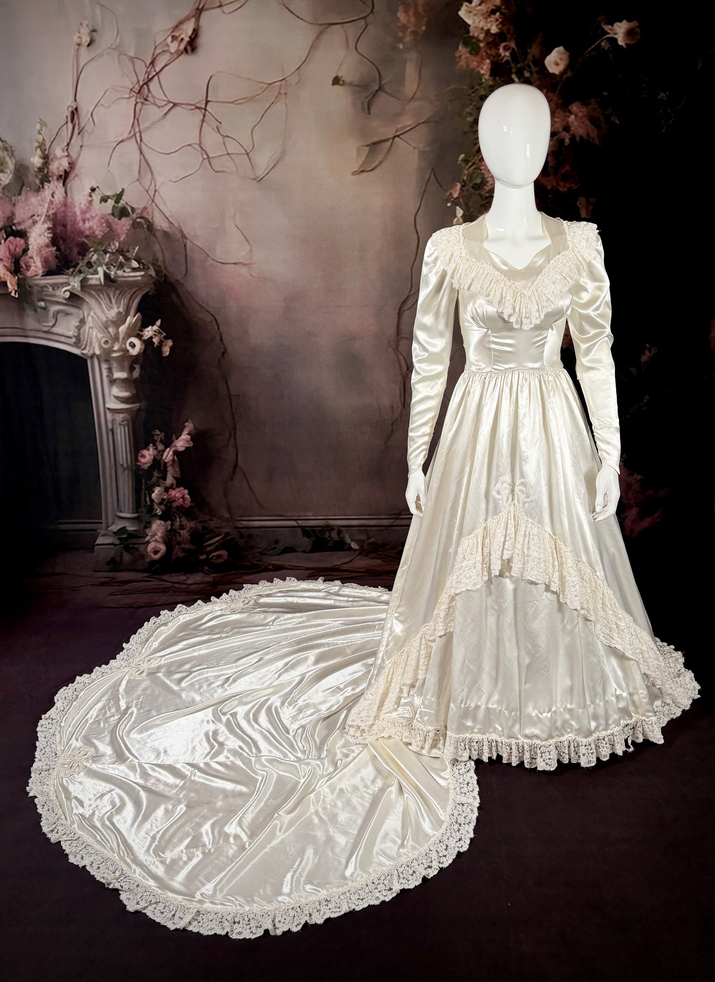 1950's Candlelight Satin Wedding Dress w/Ruffled Lace & Cathedral Train