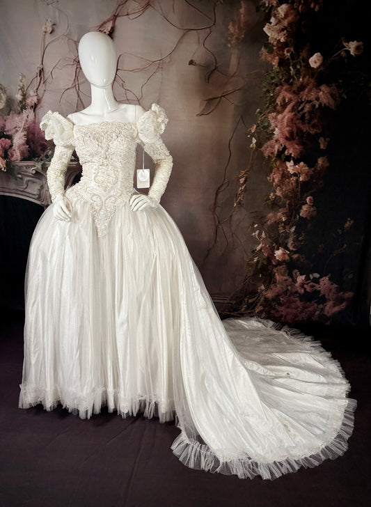 1980s Reimagined "Marie Antoinette" Satin & Glitter Tulle Wedding Dress w/Chapel Train