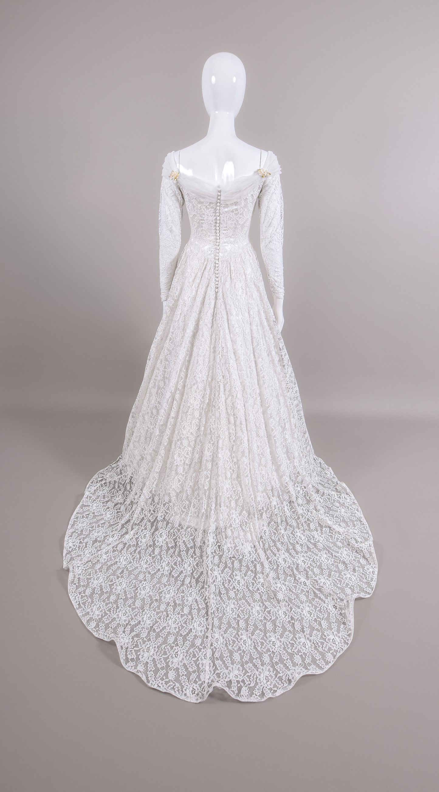 1950s Reimagined Lace Wedding Dress w/Silk Flowers and Trailing Train