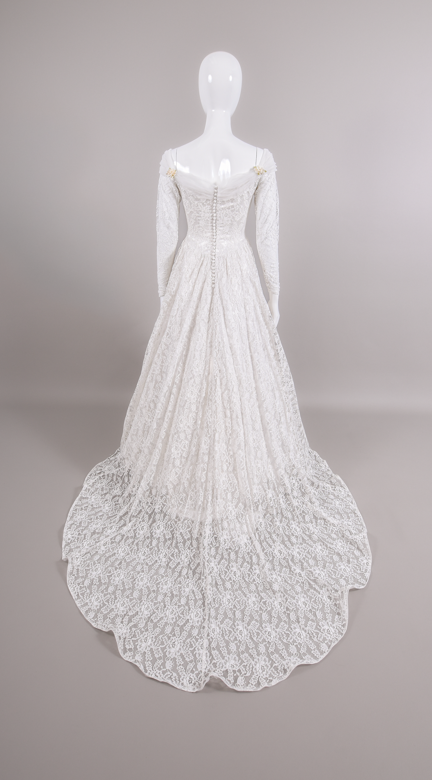 1950s Reimagined Lace Wedding Dress w/Silk Flowers and Trailing Train