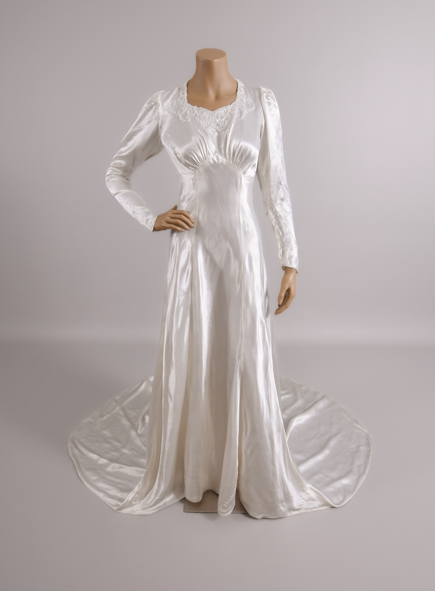 1930s Art Deco Bias-Cut Liquid Satin Wedding Dress w/Trailing Train