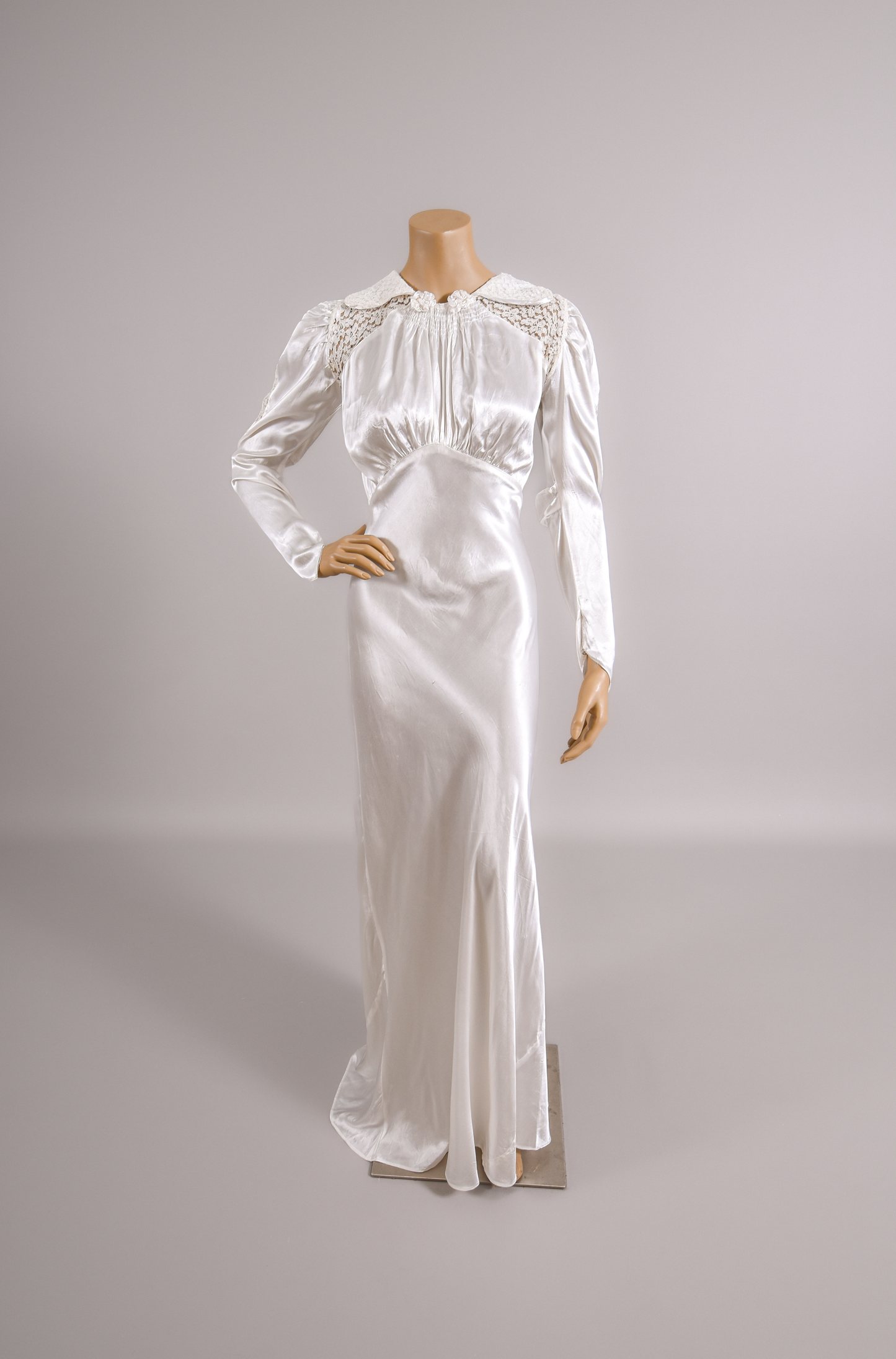 1930s Bias Cut Liquid Satin & Silk Lace Wedding Dress