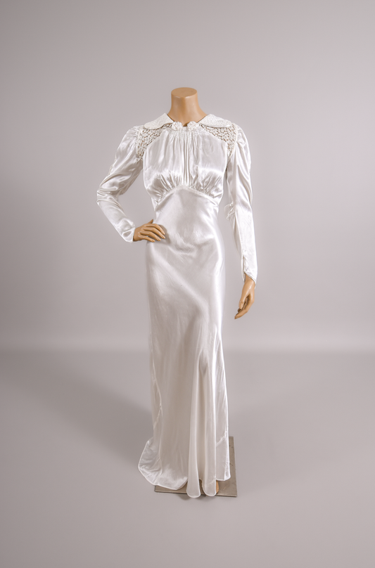 1930s Bias Cut Liquid Satin & Silk Lace Wedding Dress size 10/12