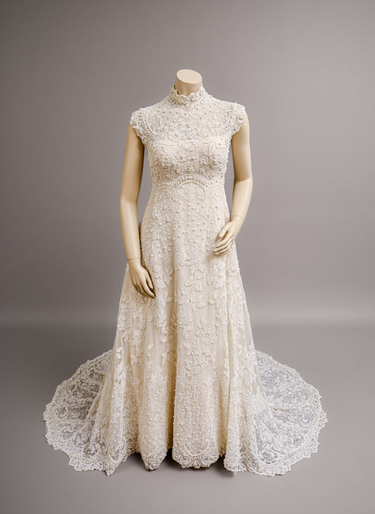 1960s Empire Waist Gown, Swiss Beaded Venice Lace Wedding Dress W/Trailing Train Sz 0/2