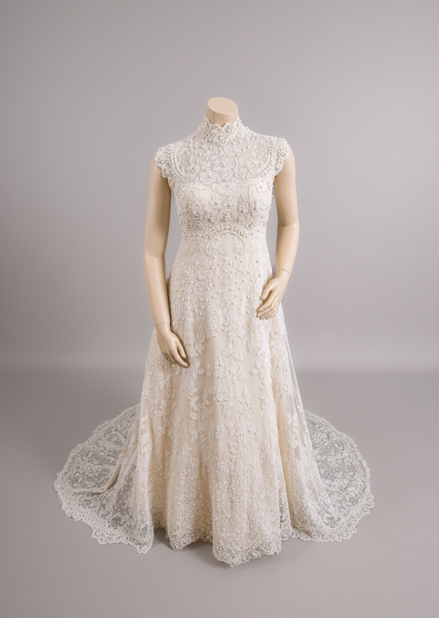 1960s Empire Waist Gown, Swiss Beaded Venice Lace Wedding Dress W/Trailing Train Sz 0/2