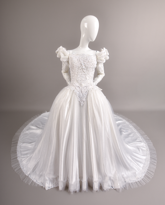 1980s Reimagined Antoinette Duchess Satin & Glitter Tulle Wedding Dress w/Chapel Train