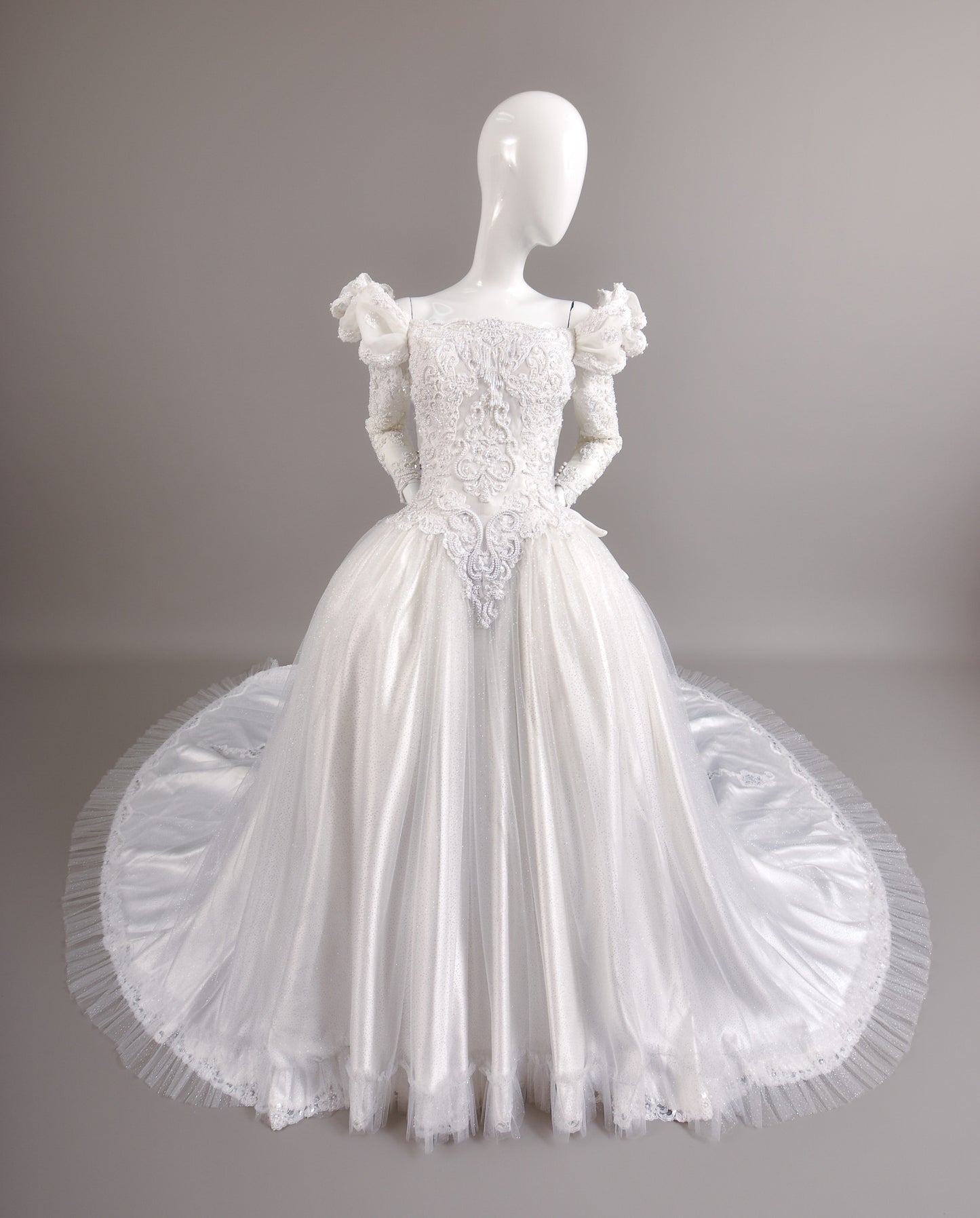 1980s Reimagined Antoinette Duchess Satin & Glitter Tulle Wedding Dress w/Chapel Train