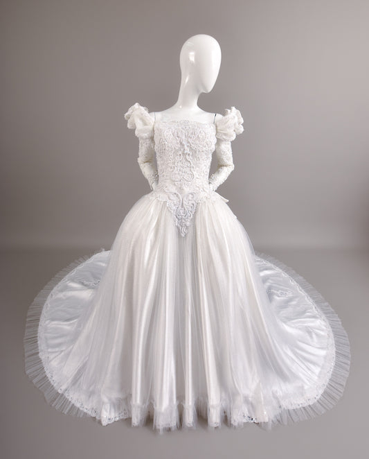 1980s Reimagined Antoinette Duchess Satin & Glitter Tulle Wedding Dress w/Chapel Train
