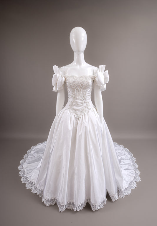 1990s Off-The-Shoulder Beaded Taffeta Satin Wedding Dress, W/Cathedral Train Sz 2/4