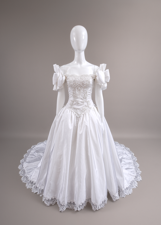 1990s Off-The-Shoulder Beaded Taffeta Satin Wedding Dress, W/Cathedral Train Sz 2/4