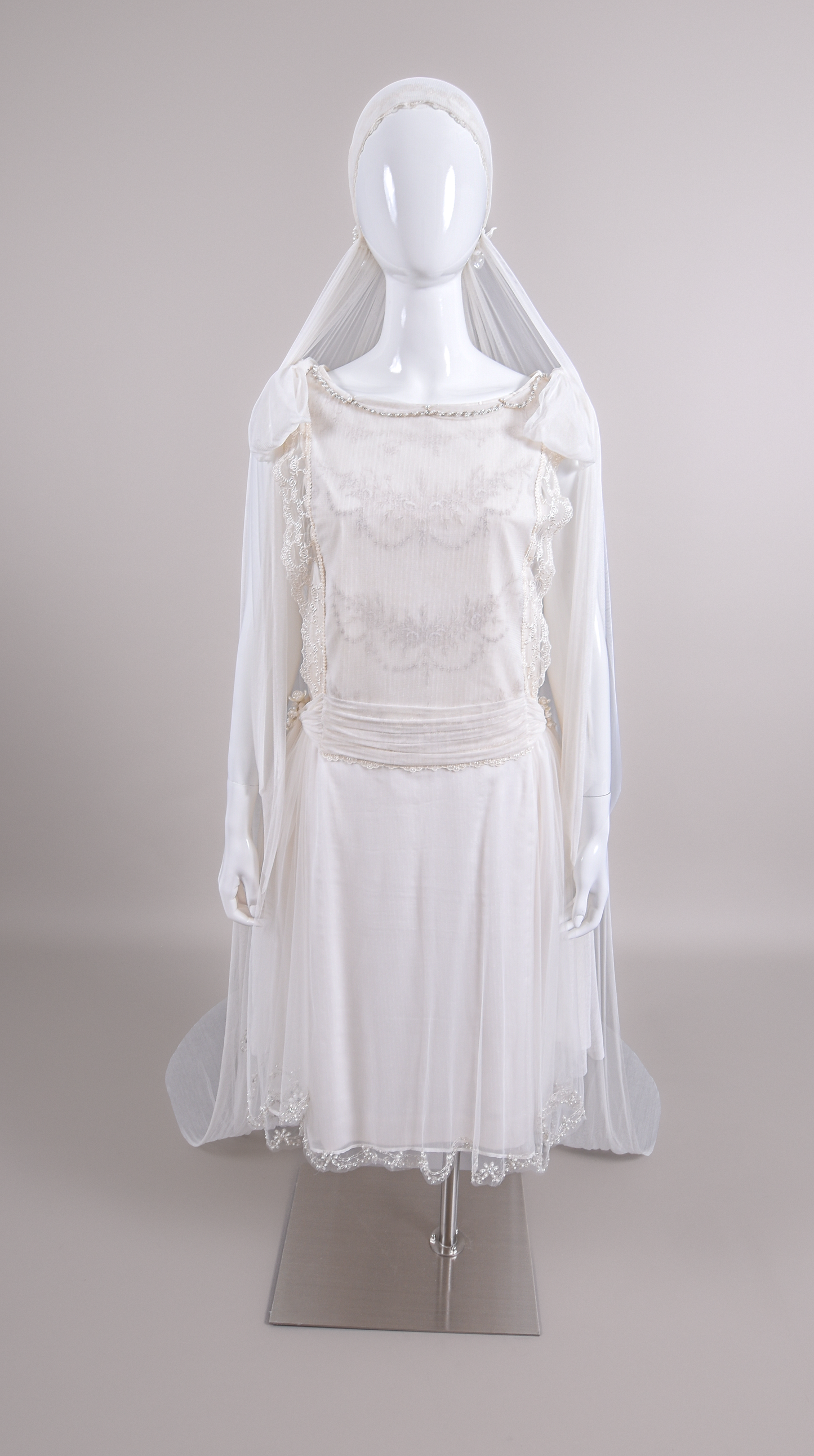 1920s Haute Couture Silk Charmeuse Beaded Wedding Dress & Silk Juliet Veil