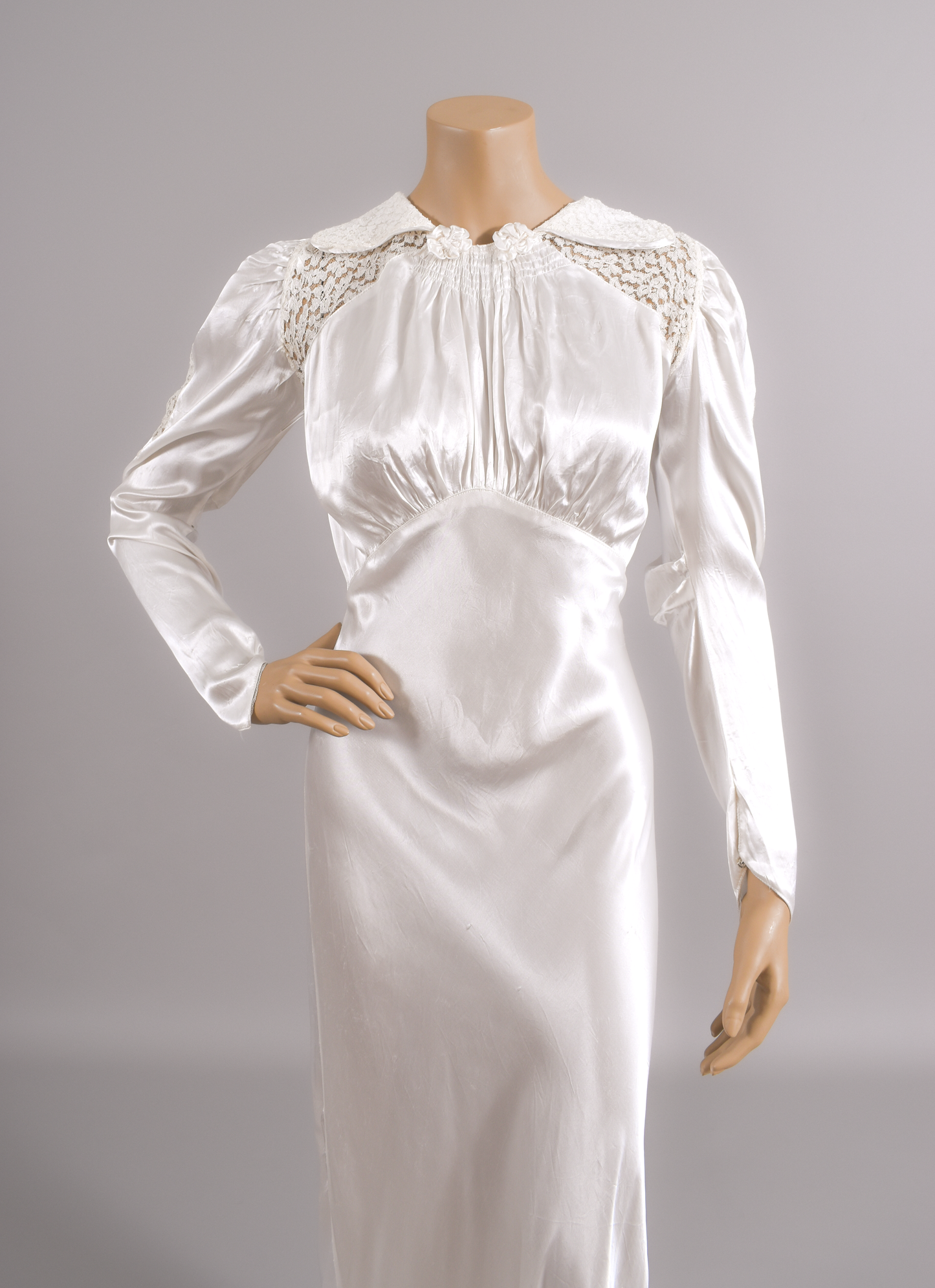 1930s Bias Cut Liquid Satin & Silk Lace Wedding Dress