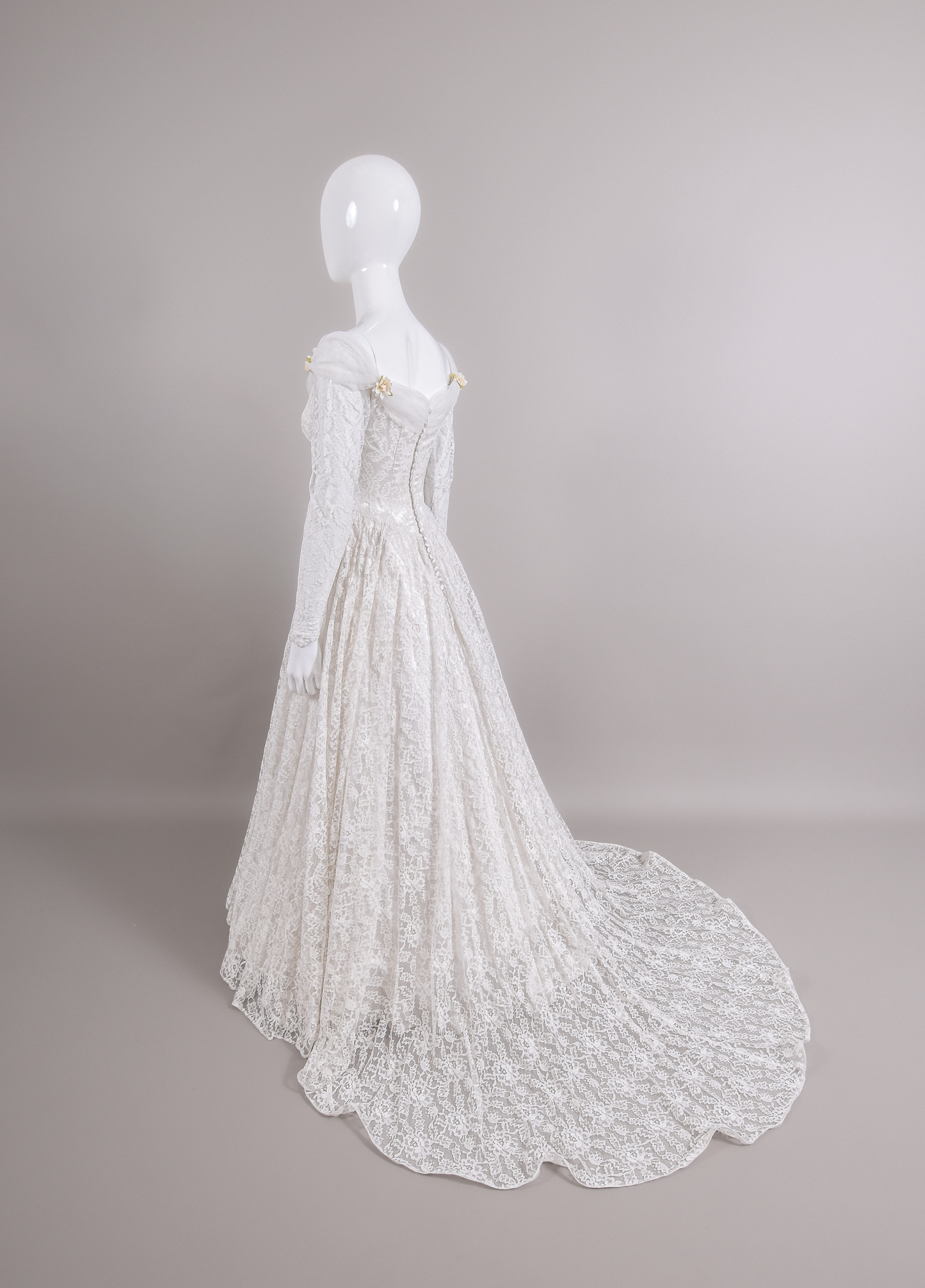 1950s Reimagined Lace Wedding Dress w/Silk Flowers and Trailing Train