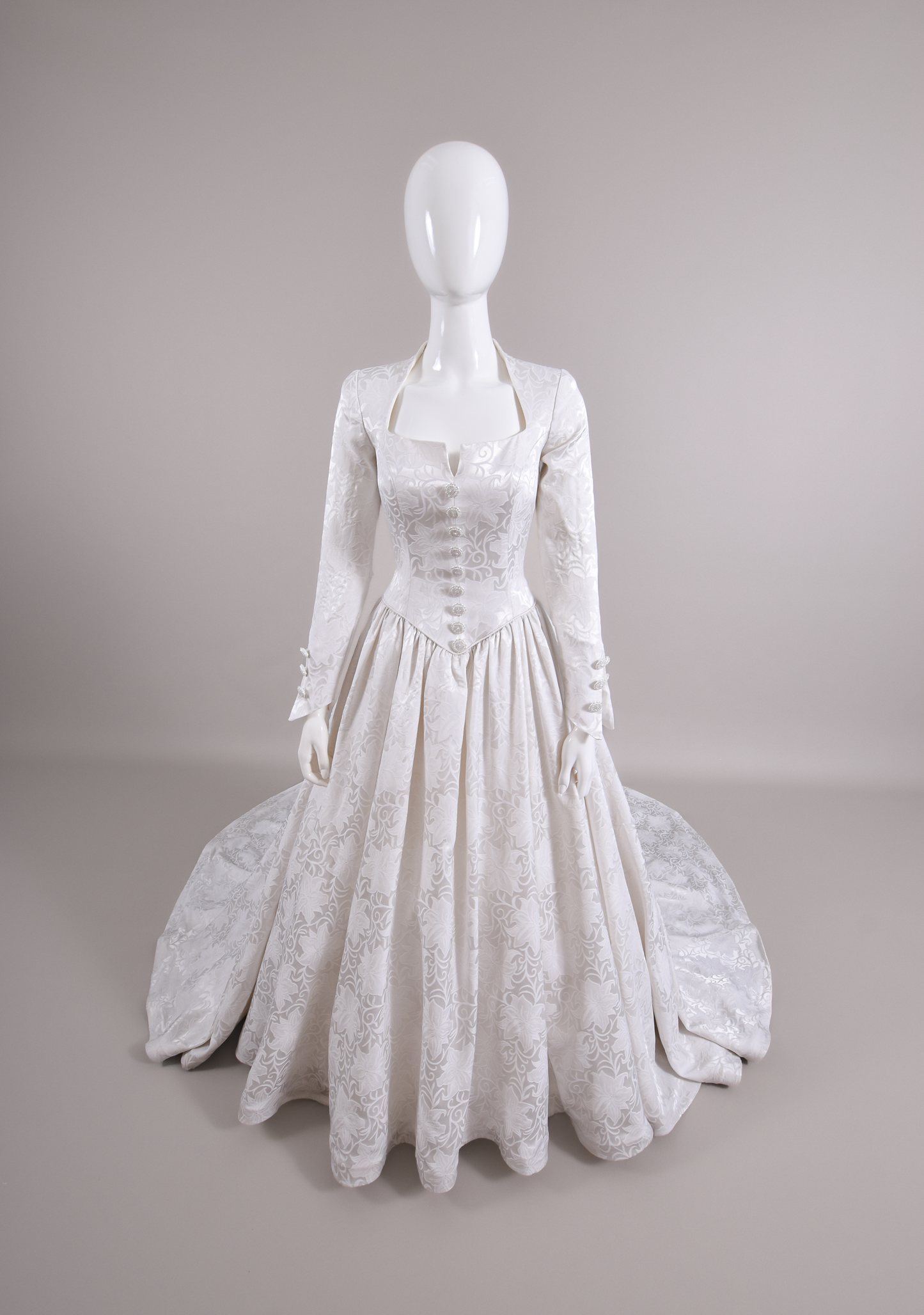 1990s Demetrios Wedding Dress 18th C. Inspired Silk Brocade Gown w/Chapel Train