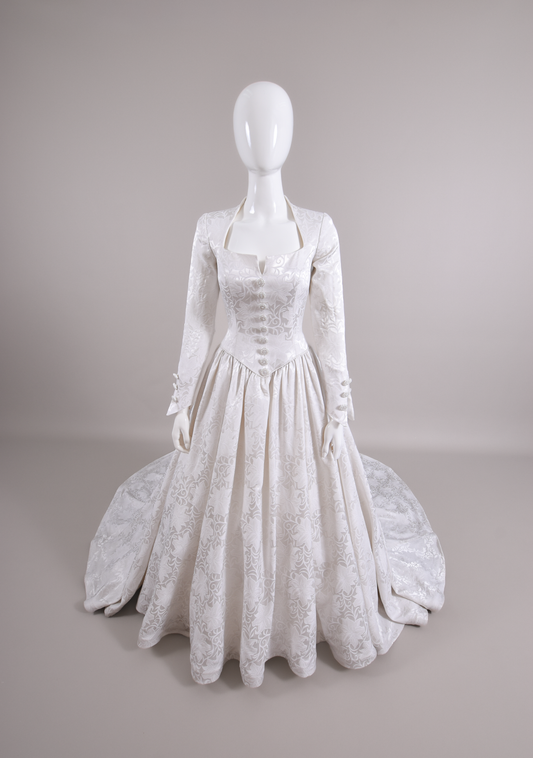 1990s Demetrios Wedding Dress 18th C. Inspired Silk Brocade Gown w/Chapel Train