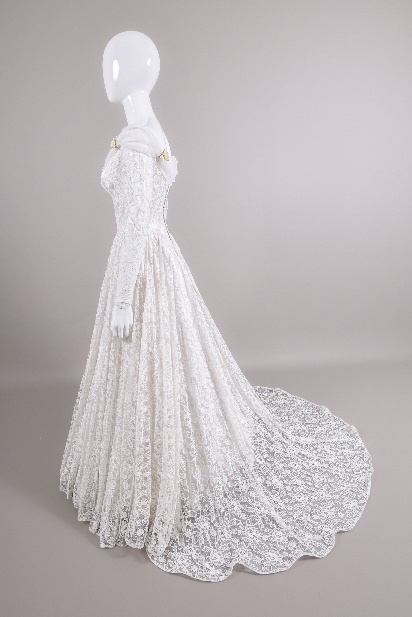 1950s Reimagined Lace Wedding Dress w/Silk Flowers and Trailing Train