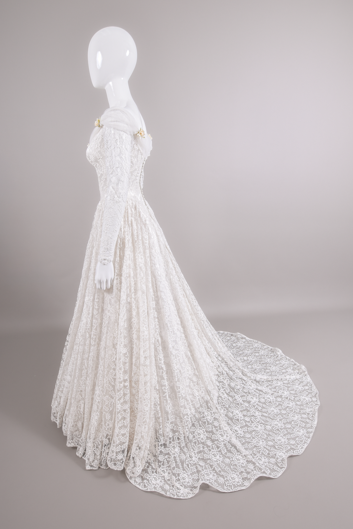 1950s Reimagined Lace Wedding Dress w/Silk Flowers and Trailing Train