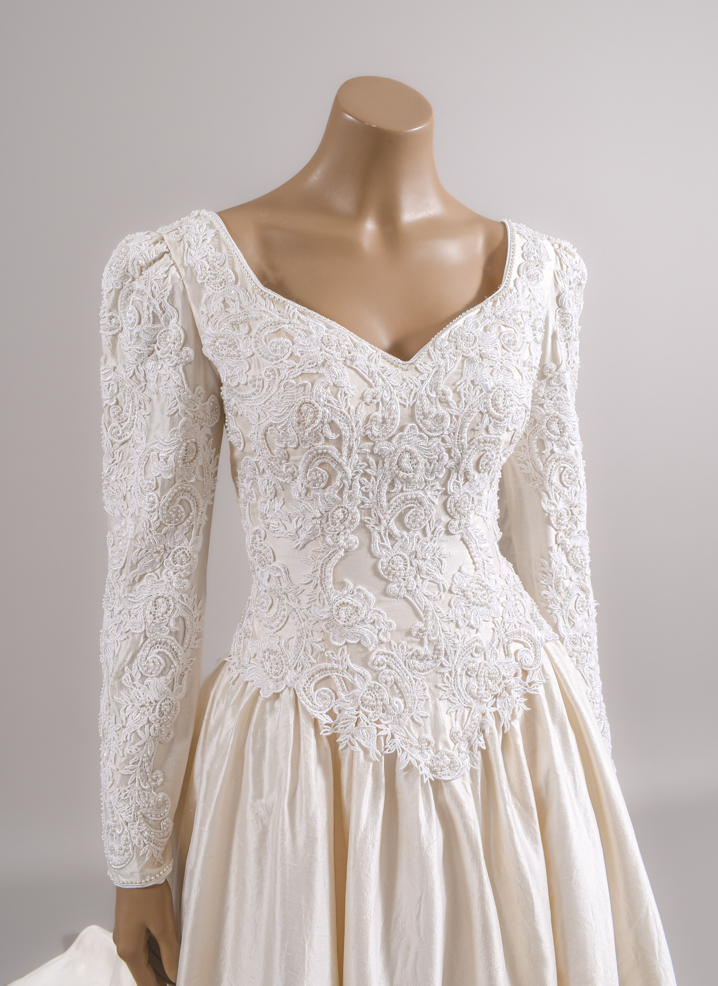 1990s Silk Shantung Pearl & Appliqué Beaded Wedding Dress W/Trailing Train