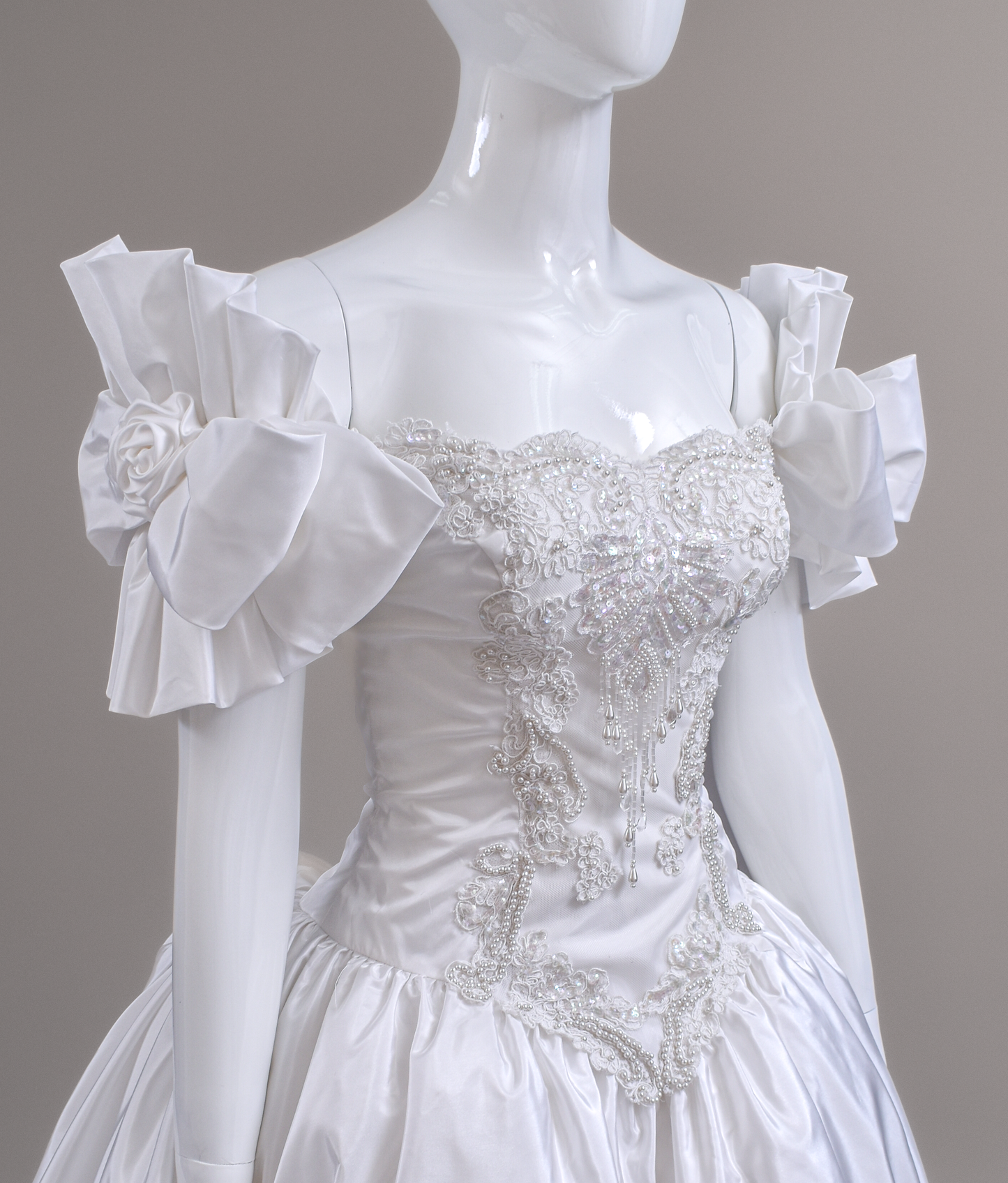 1990s Off-The-Shoulder Beaded Taffeta Satin Wedding Dress, W/Cathedral Train Sz 2/4