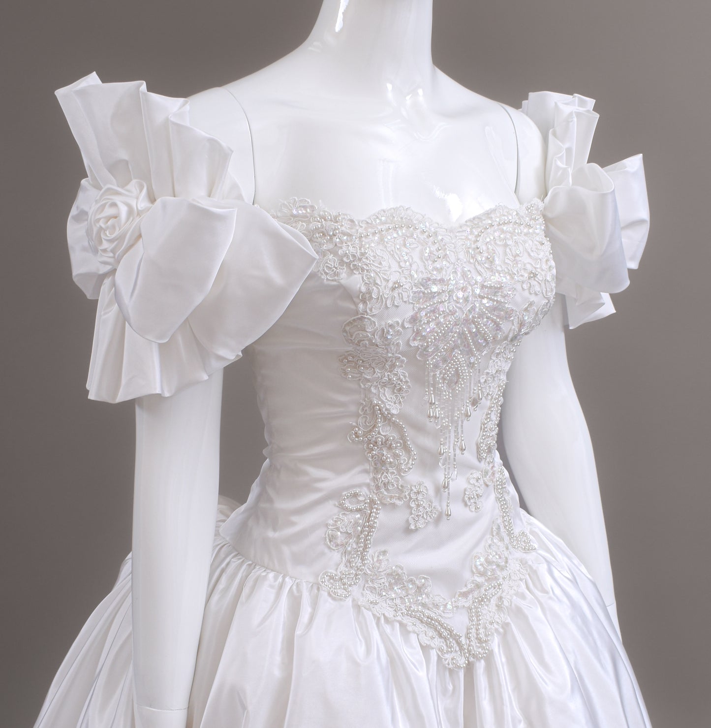 1990s Off-The-Shoulder Beaded Taffeta Satin Wedding Dress, W/Cathedral Train Sz 2/4