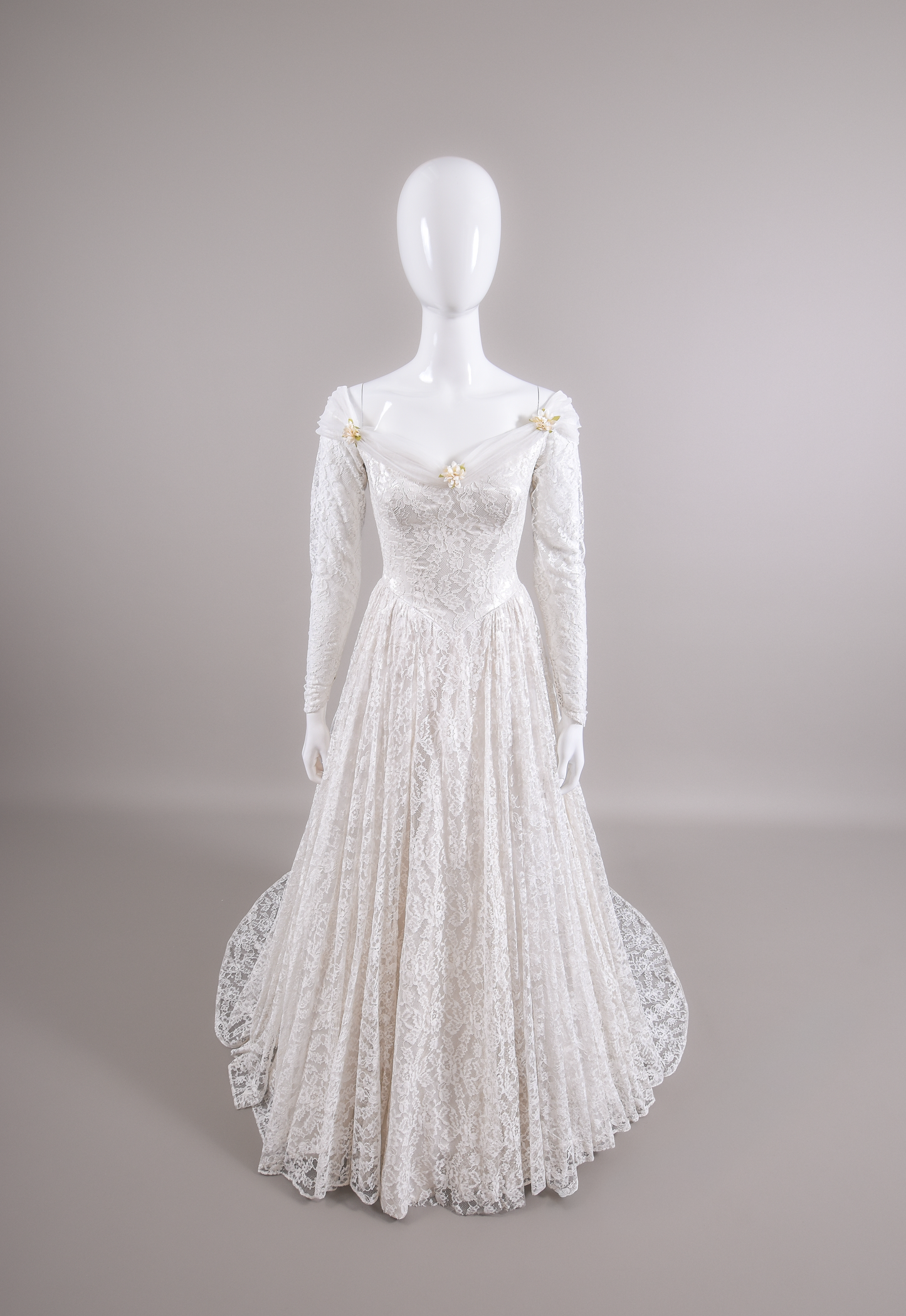 1950s Reimagined Lace Wedding Dress w/Silk Flowers and Trailing Train