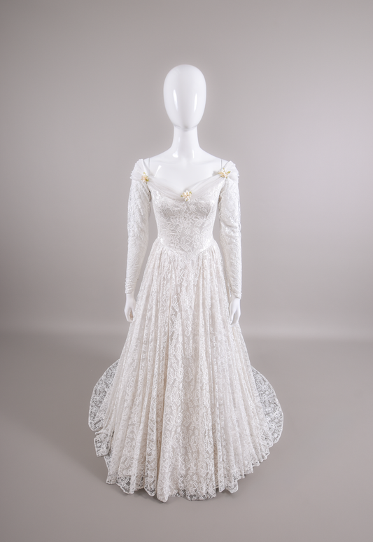 1950s Reimagined Lace Wedding Dress w/Silk Flowers and Trailing Train