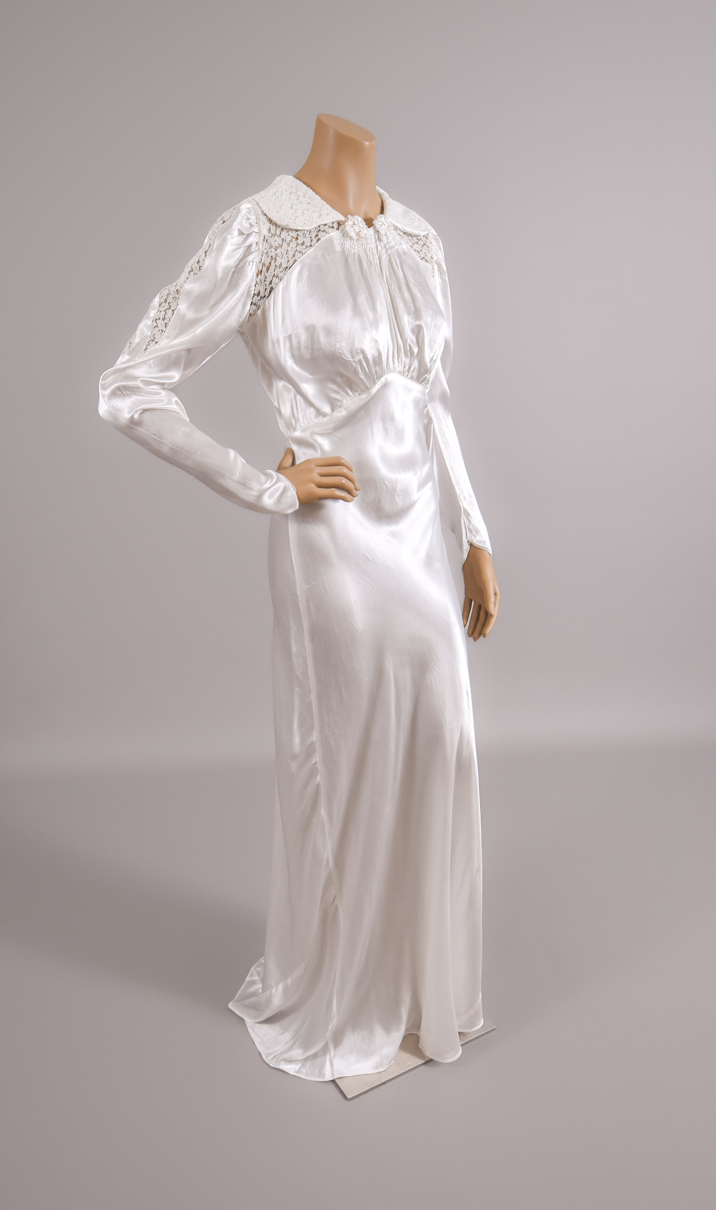 1930s Bias Cut Liquid Satin & Silk Lace Wedding Dress