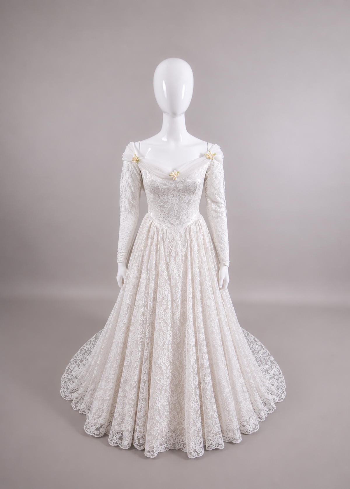 1950s Reimagined Lace Wedding Dress w/Silk Flowers and Trailing Train