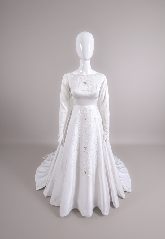 1950s "Cottage Romance" Reimagined Satin Wedding Gown, Silk Cording & Trailing Train Size 6/8