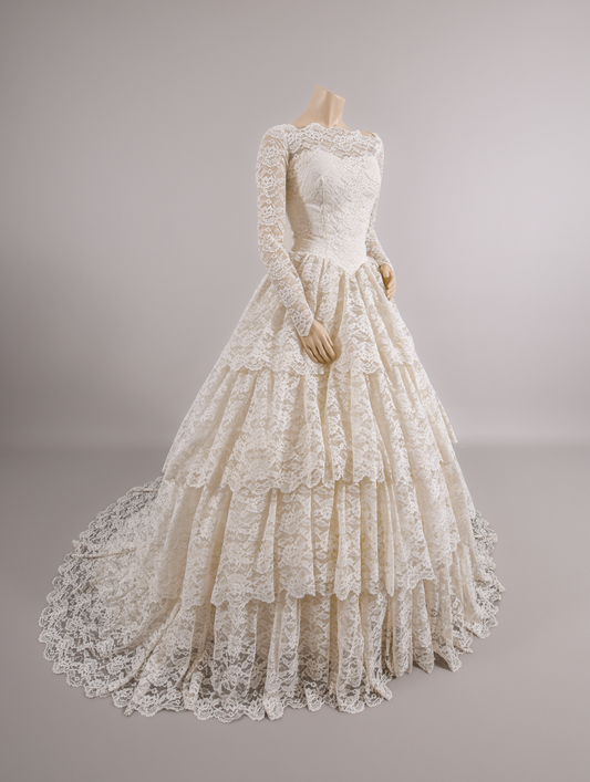 1950s Lace Cupcake Tiered Wedding Dress w/Trailing Train