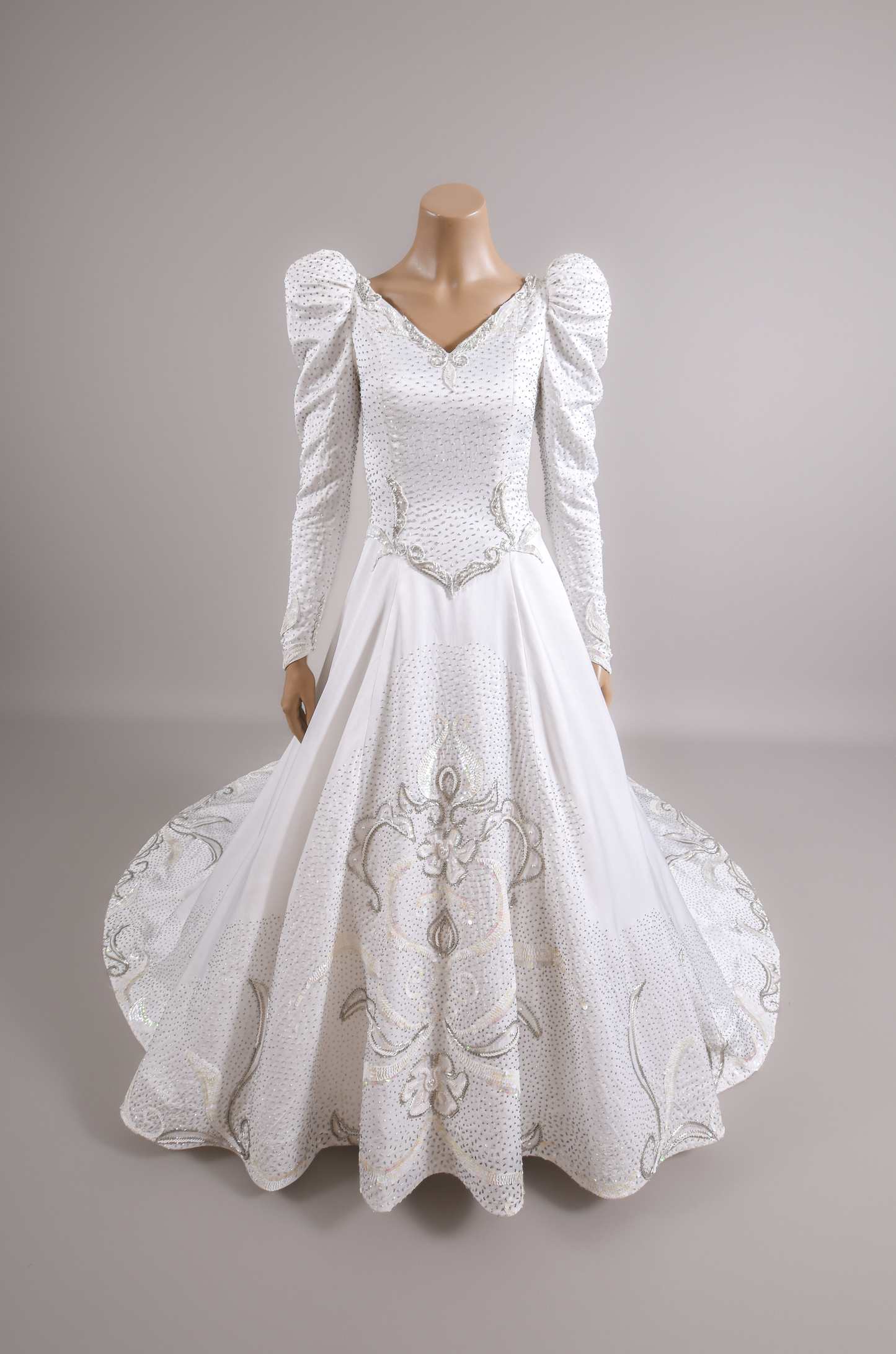 1990s Regal Eva Haynal Forsyth Silk Charmeuse Wedding Gown w/Silver Beadwork and Cathedral Train