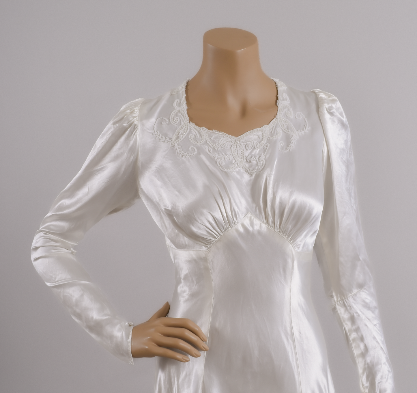 1930s Art Deco Bias-Cut Liquid Satin Wedding Dress w/Trailing Train