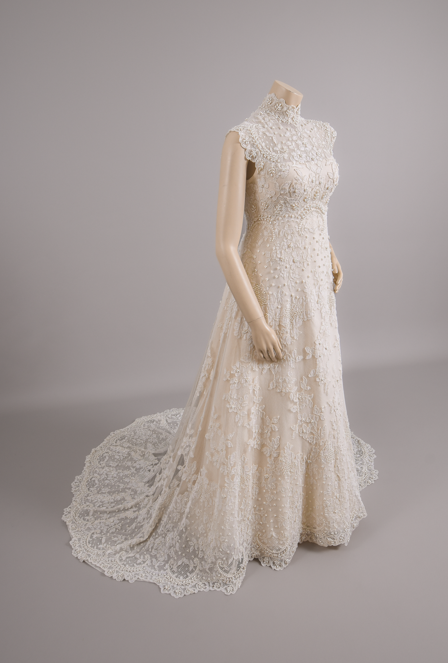 1960s Empire Waist Gown, Swiss Beaded Venice Lace Wedding Dress W/Trailing Train Sz 0/2