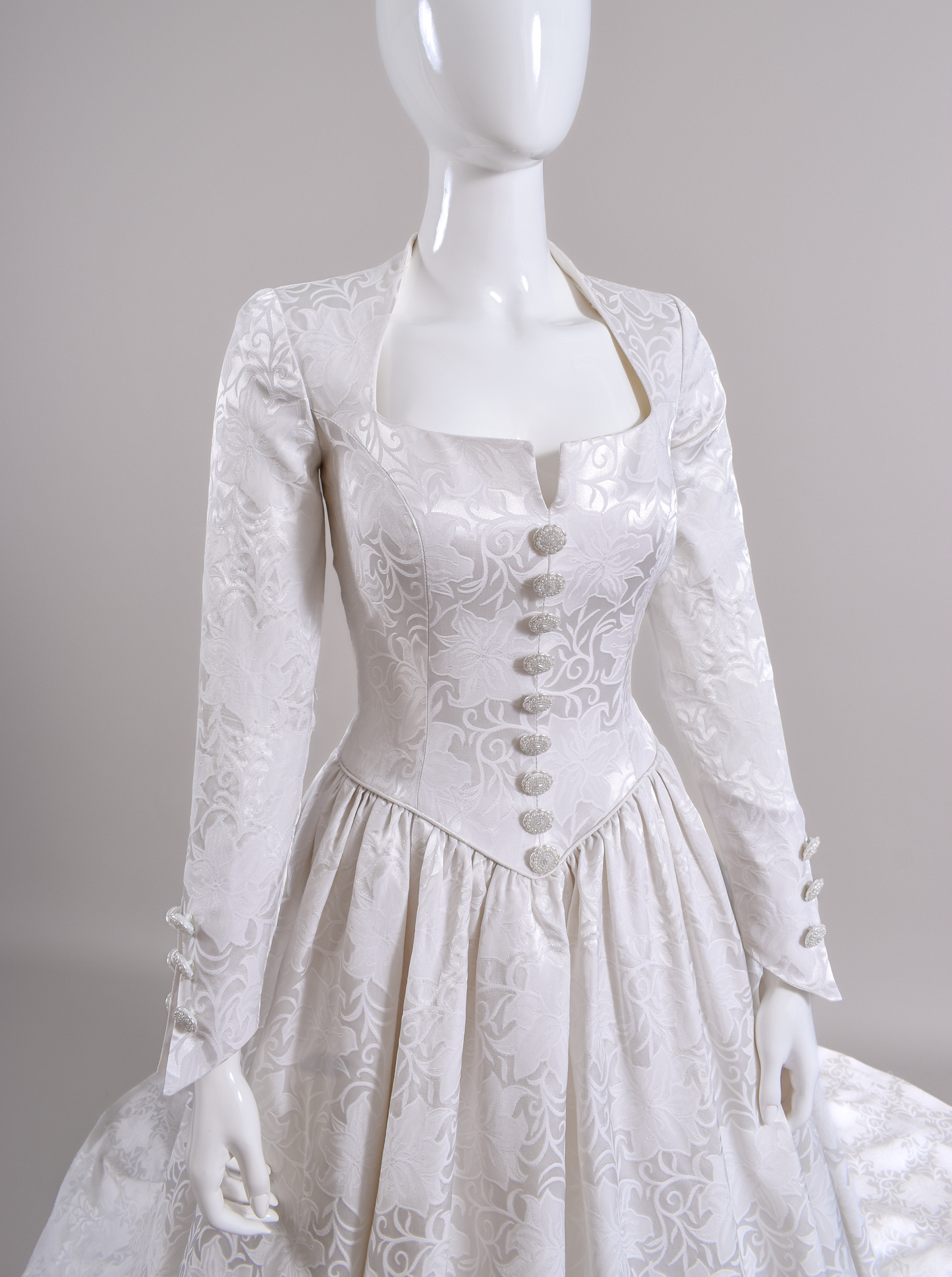 1990s Demetrios Wedding Dress 18th C. Inspired Silk Brocade Gown w/Chapel Train