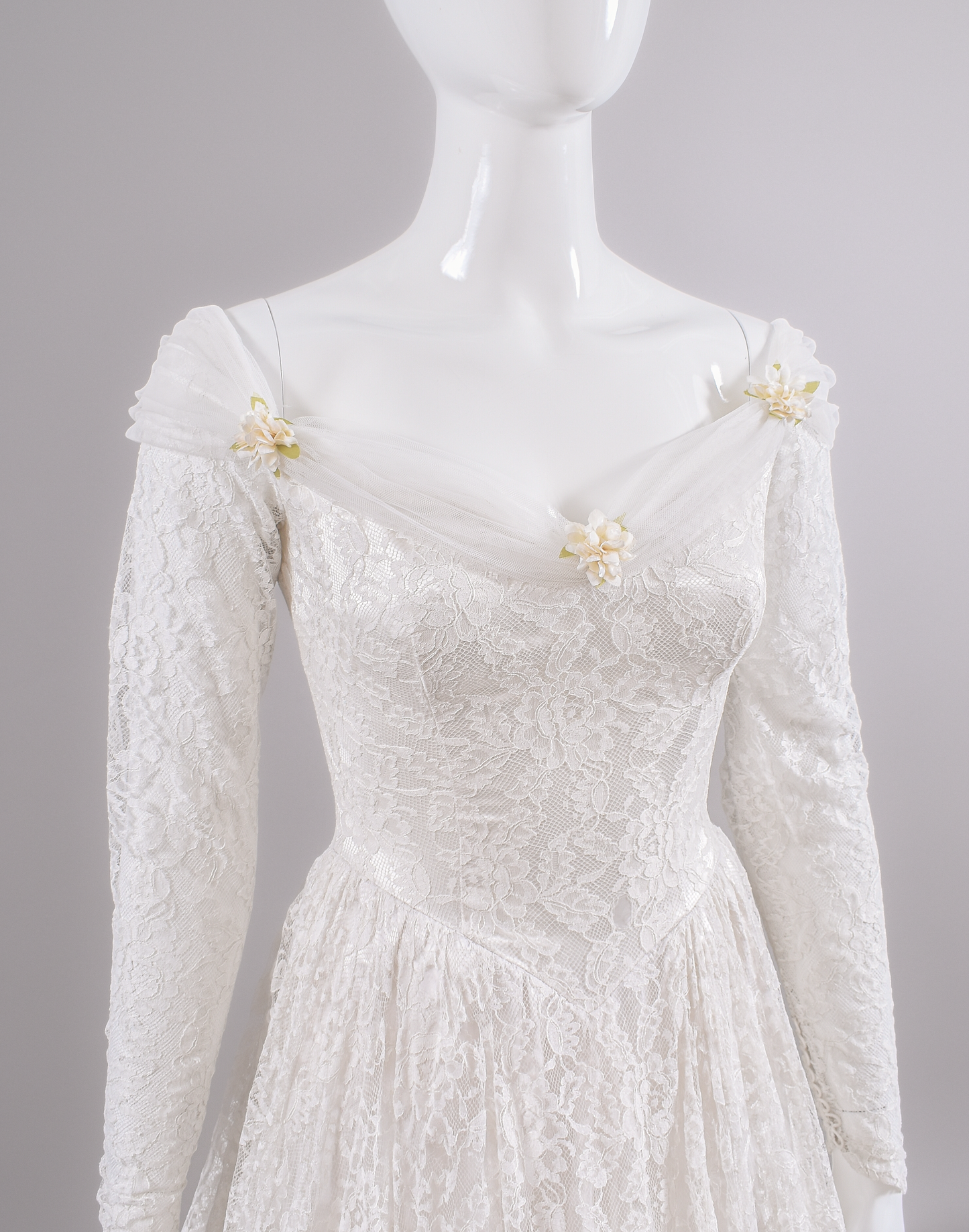 1950s Reimagined Lace Wedding Dress w/Silk Flowers and Trailing Train