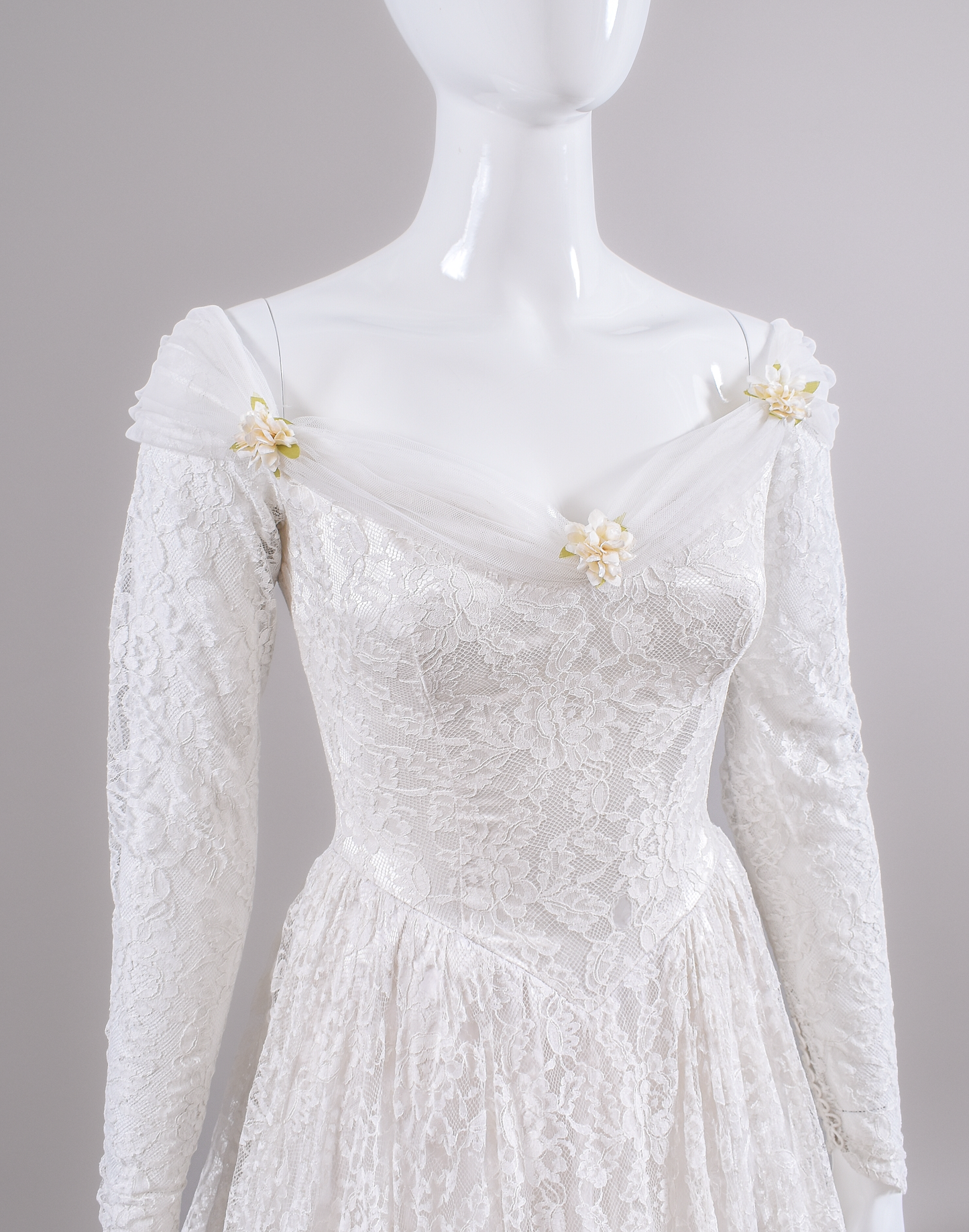 1950s Reimagined Lace Wedding Dress w/Silk Flowers and Trailing Train