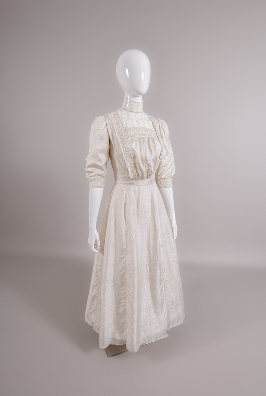 1900s Silk Jacquard & Embroidered Tulle Wedding Dress "NOS"