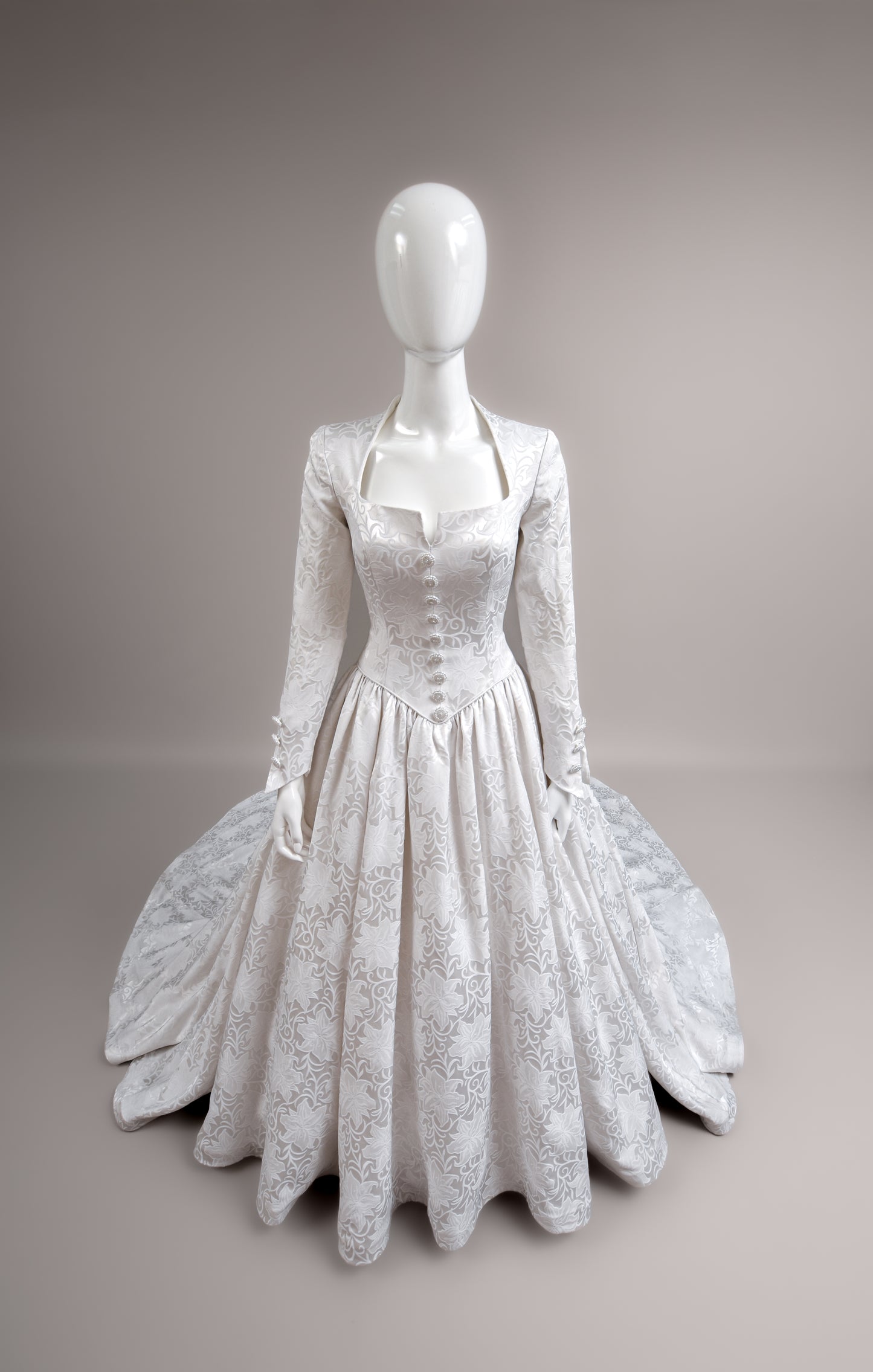 1990s Demetrios Wedding Dress, 18th C. Inspired Silk Brocade Gown w/Chapel Train, Size 8/10