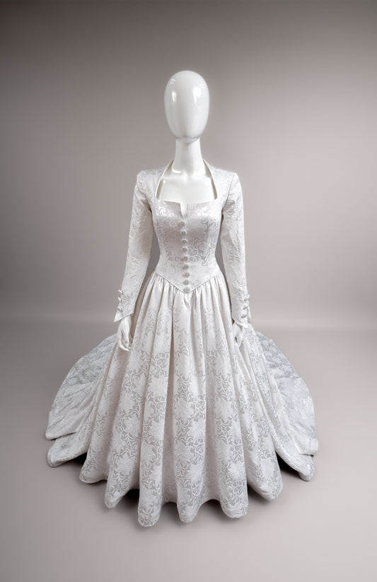 1990s Demetrios Wedding Dress, 18th C. Inspired Silk Brocade Gown w/Chapel Train, Size 8/10