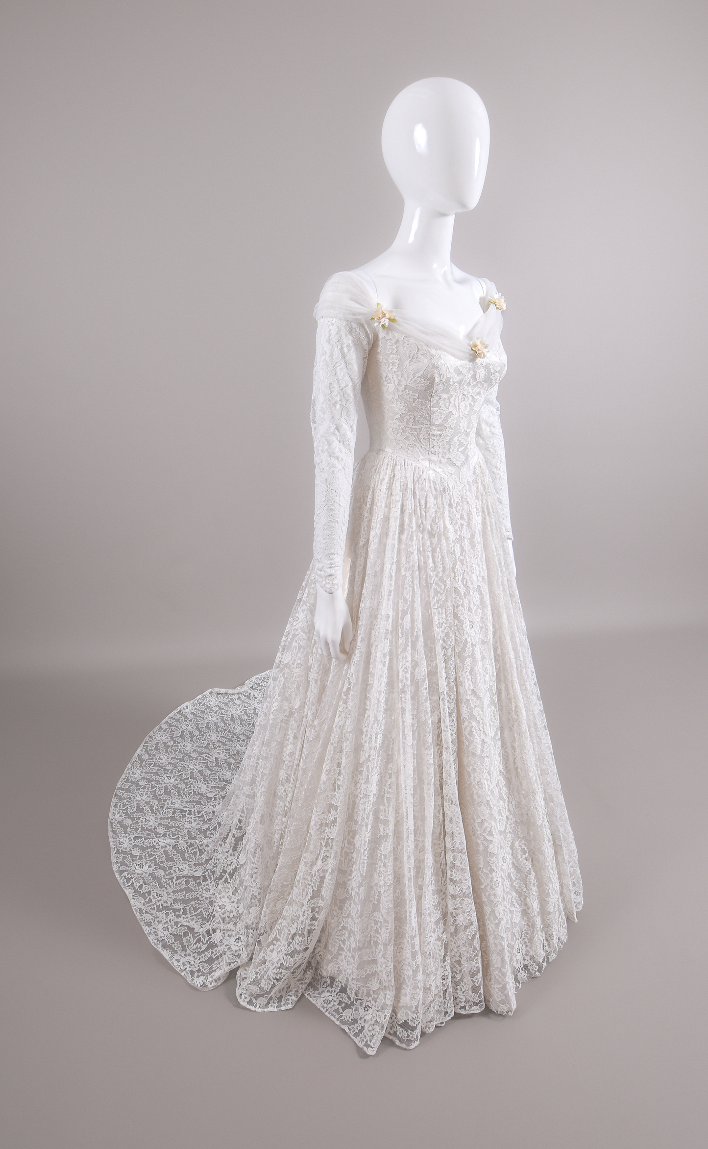 1950s Reimagined Lace Wedding Dress w/Silk Flowers and Trailing Train
