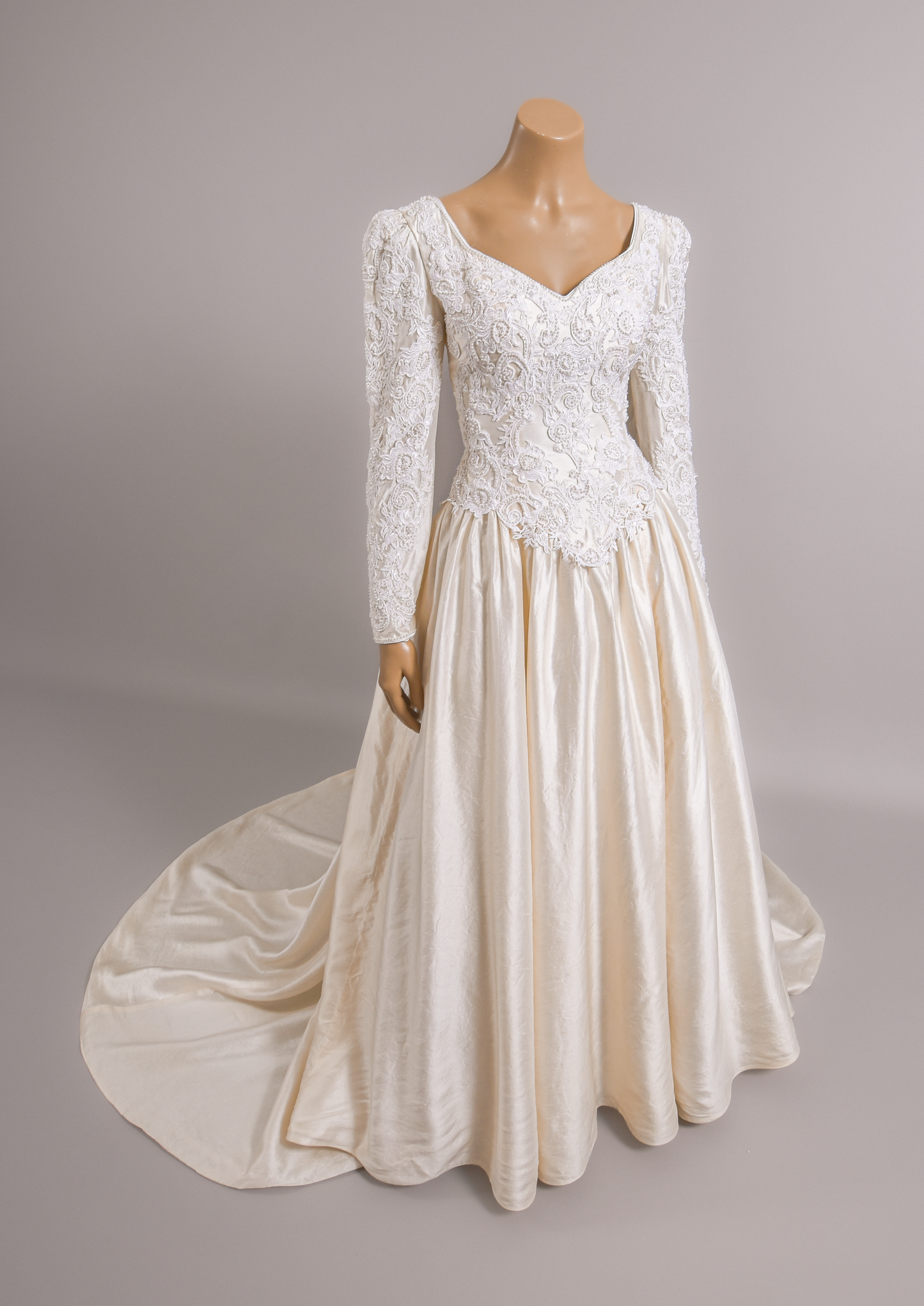1990s Silk Shantung Pearl & Appliqué Beaded Wedding Dress W/Trailing Train