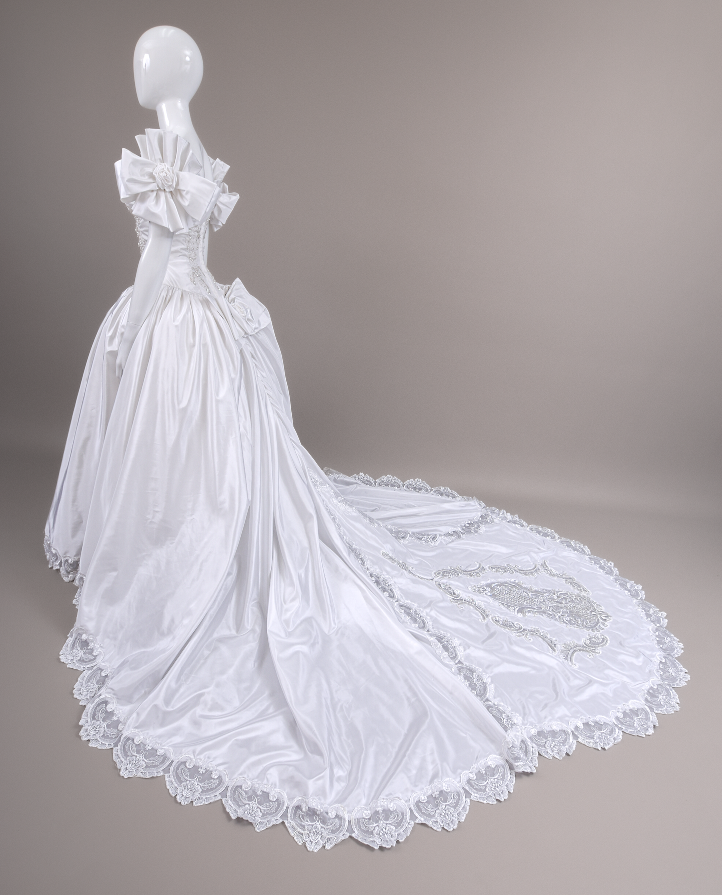 1990s Off-The-Shoulder Beaded Taffeta Satin Wedding Dress, W/Cathedral Train Sz 2/4