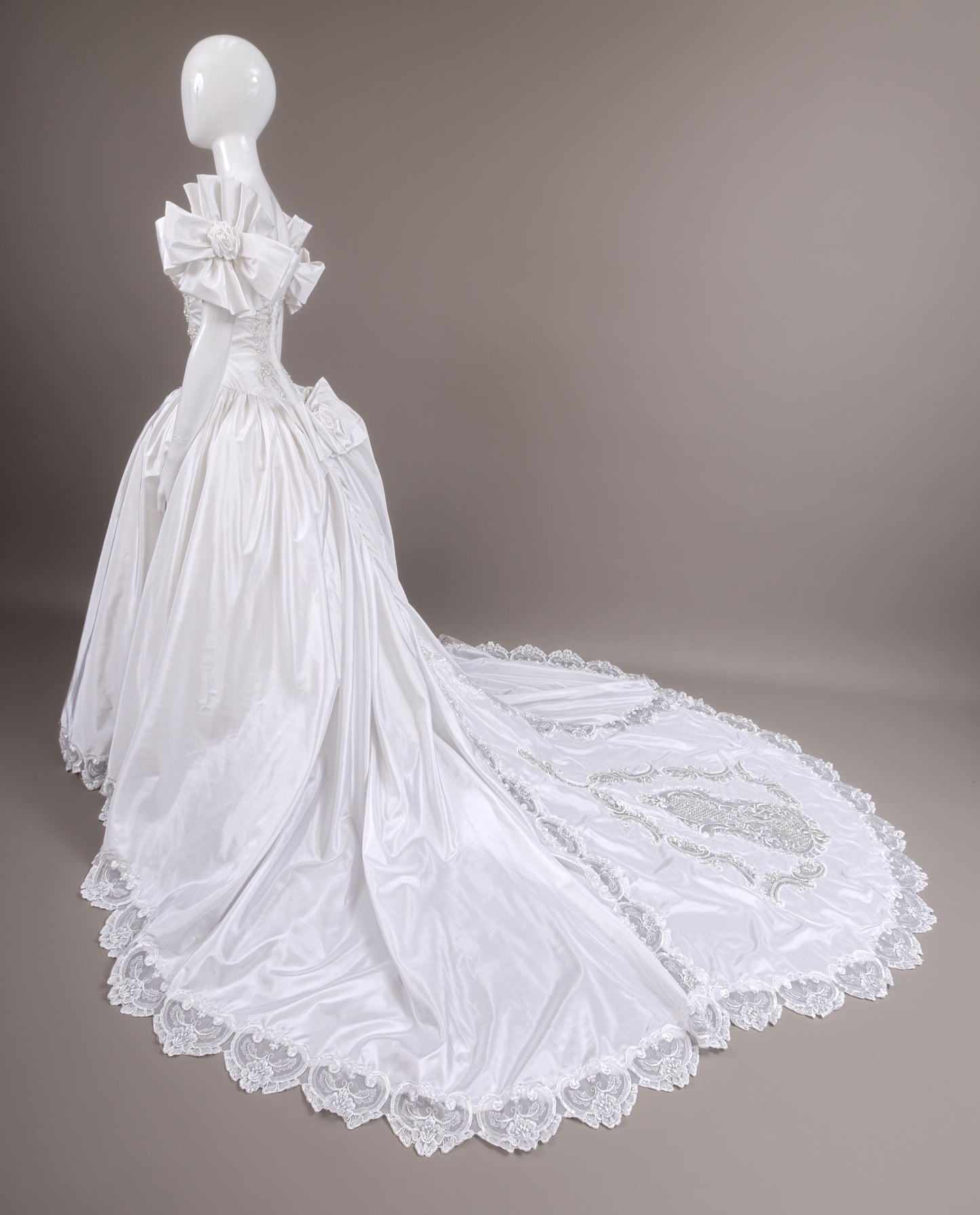 1990s Off-The-Shoulder Beaded Taffeta Satin Wedding Dress, W/Cathedral Train Sz 2/4